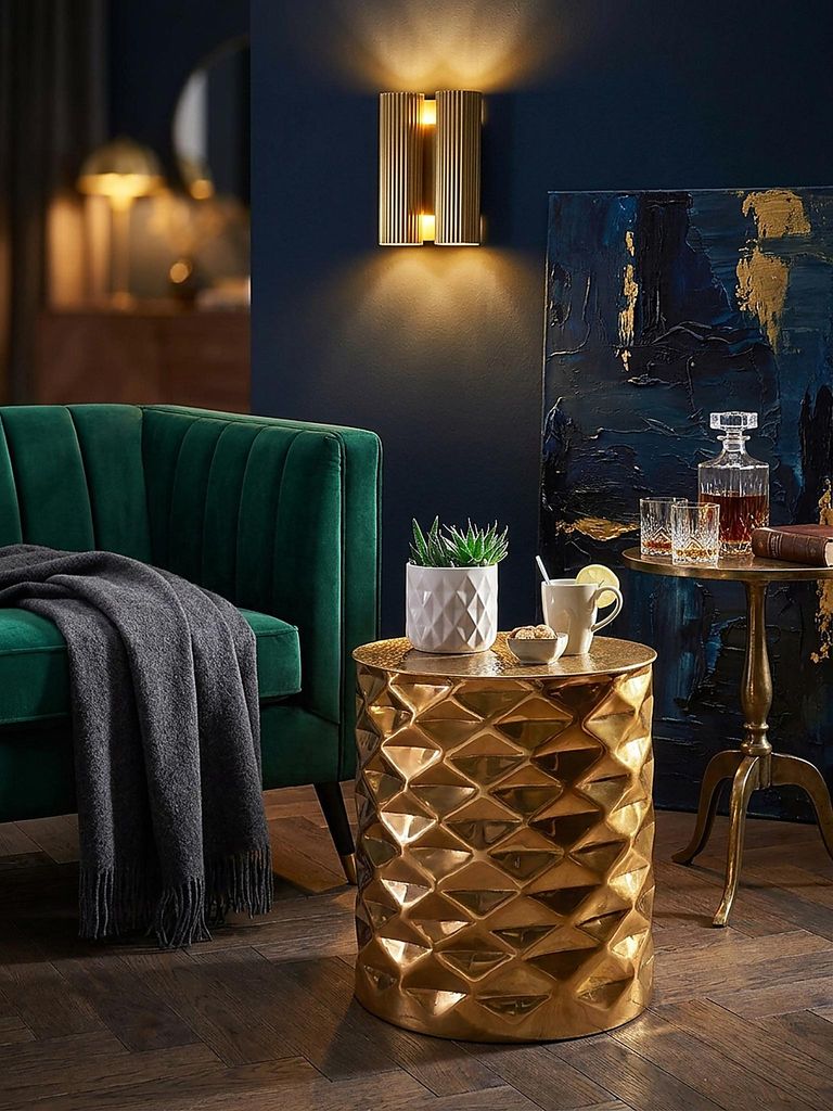 Beistelltisch 43,5x48x43,5 cm Aluminium Couchtisch Gold Orientalisch Rund, Flacher Hammerschlag Sofatisch Metall, Design Anstelltisch Modern, Loung...