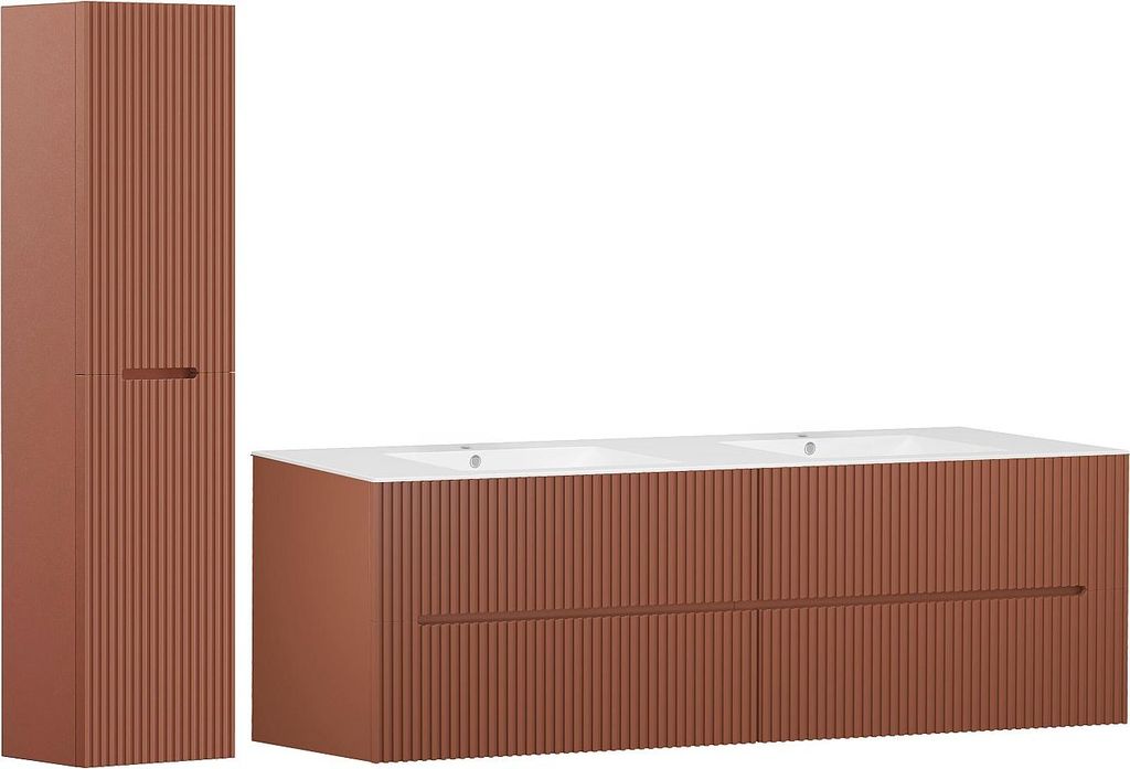 Waschbeckenunterschrank hängend mit Einbauwaschbecken & Badhochschrank - Terracotta gerippt - 150 cm - PAVANI