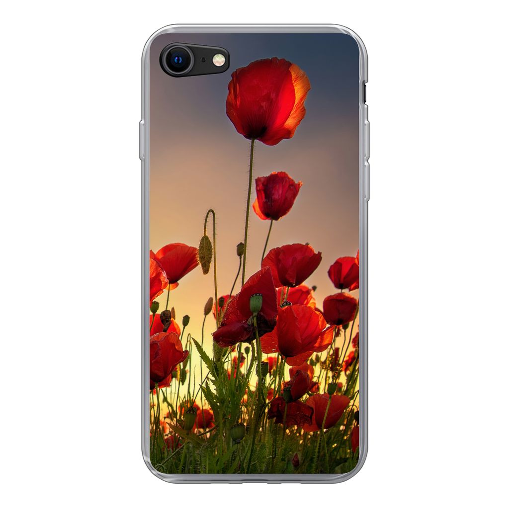 MuchoWow Handyhülle Schutzhülle Hülle für iPhone SE 2022 Bunter Himmel über einem Mohnblumenfeld in Dänemark Silikon Softcase Handy Hülle ...