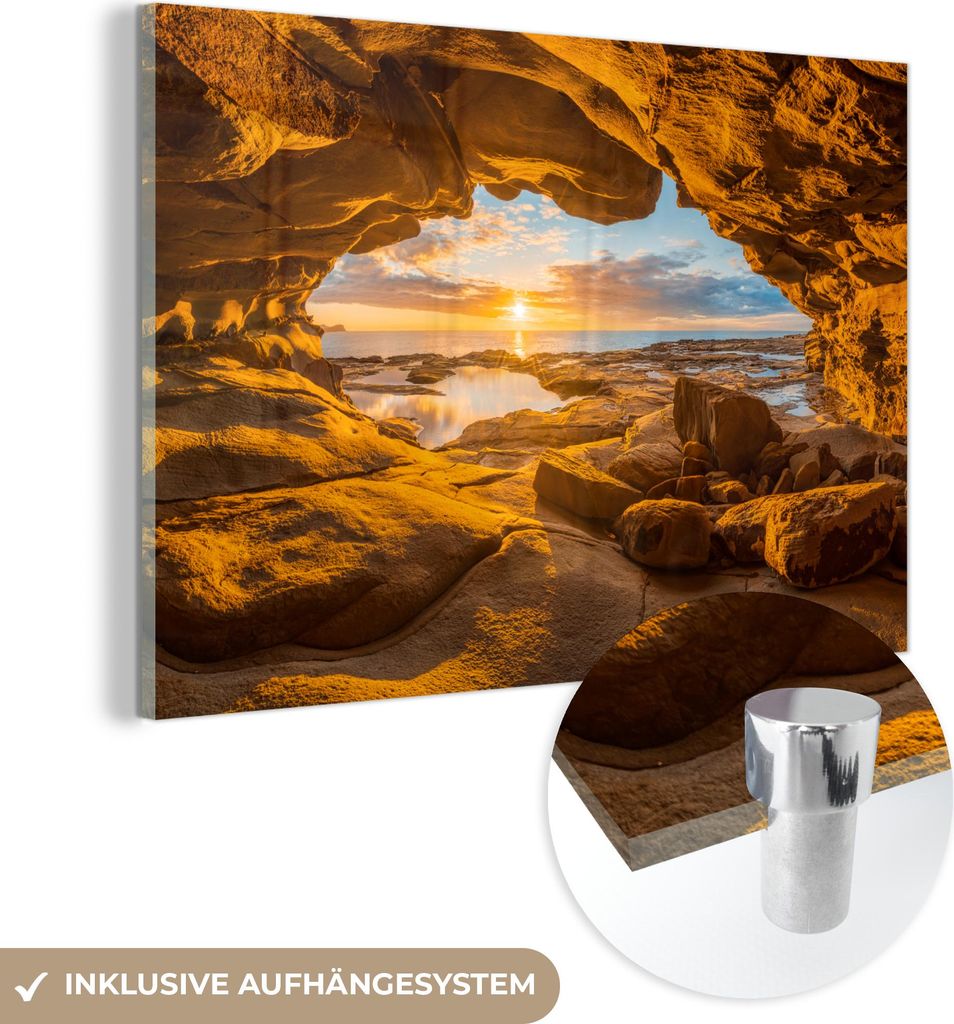 MuchoWow Glasbilder - Bilder auf Wandbild - Foto auf Glas Höhle - Meer - Horizont - Sonnenuntergang 60x40 cm Wanddekoration aus Glas - Acrylglasbi...