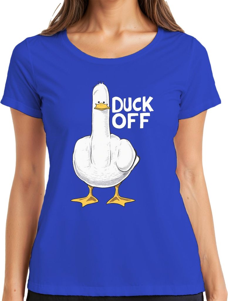 Duck Off freche Ente Mittelfinger sarkastisch Geschenk Lustig Damen T-Shirt, Blau, XL