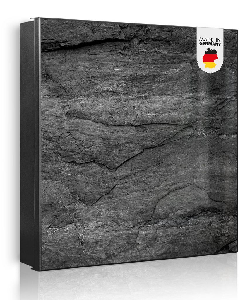 banjado Schlüsselkasten aus Metall, 30x30cm groß mit 32 Haken, als Magnettafel nutzbar, Korpus schwarz, Anschlag rechts, Schiefer Platte 1 [SKG2 ...
