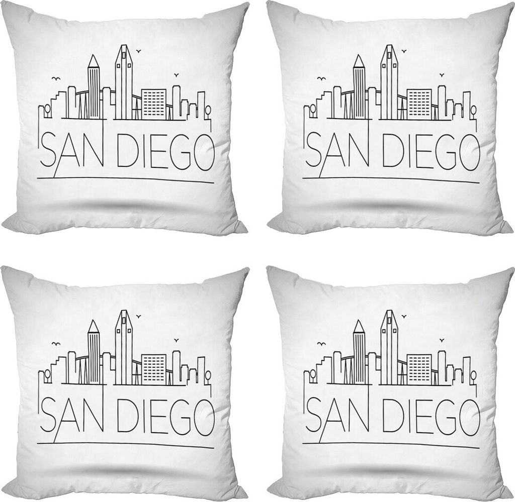 ABAKUHAUS San Diego Kissenbezug Set (4 Stück), Typografische City Skyline, Moderner Doppelseitiger Digitaldruck, 45 cm x 45 cm, Schwarz und weiß