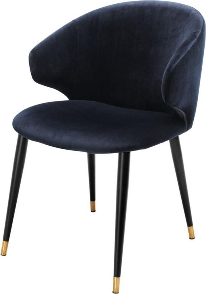 Casa Padrino Luxus Esszimmerstuhl mit Armlehnen Mitternachtsblau / Schwarz / Gold 57 x 66 x H. 83 cm - Esszimmermöbel