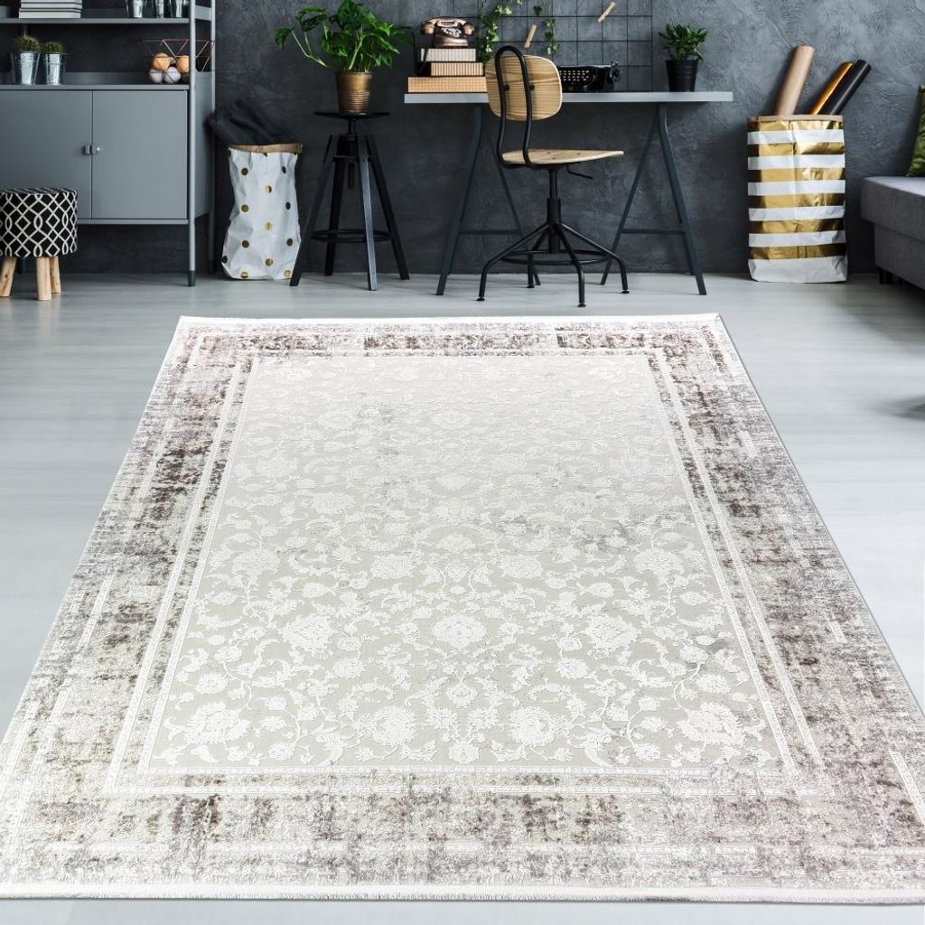 Wollteppich Beige Ornamentmuster Vintage edel Glanzoptik für Schlafzimmer Wohnzimmer Größe - 120 x 170 cm