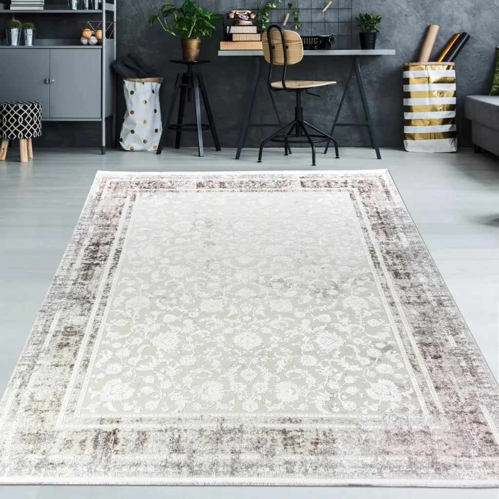 Tapis en laine beige 200x290 cm - Style vintage à motifs ornementaux