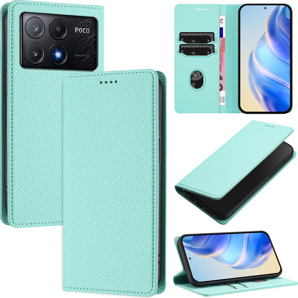 Litchi Leder Handyhülle für Xiaomi Poco X6 Pro/Redmi K70E Wallet Kartenfächer Standfunktion Hülle Türkis