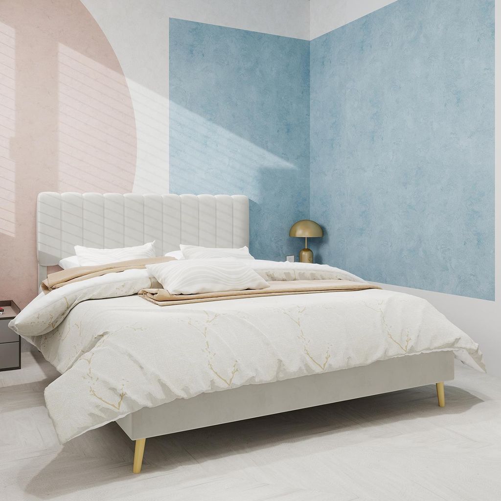 Sweiko Modern Minimalist Upholstered Bed with Plush Headboard, 160x200 cm, Beige, Multifunctional Bedroom Furniture, Low-Profile Non-Storage Base (...