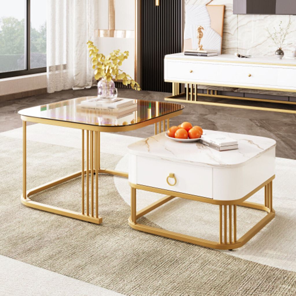 Couchtisch,Marmoroptik und Glasplatte, goldene Akzente, Beistelltisch mit Schubladen. zweiteiliges Set