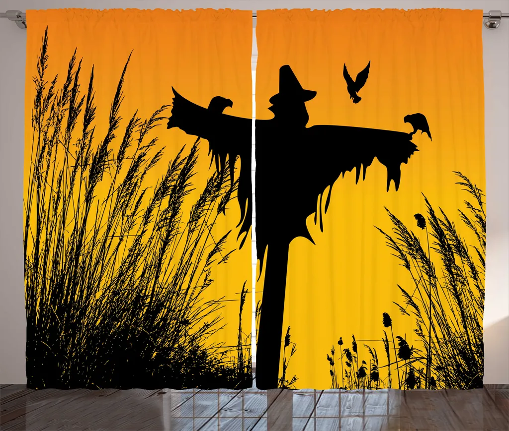 Rideau Jaune Souci Imprimé Épouvantail 280x225 cm avec Ruban Fronceur
