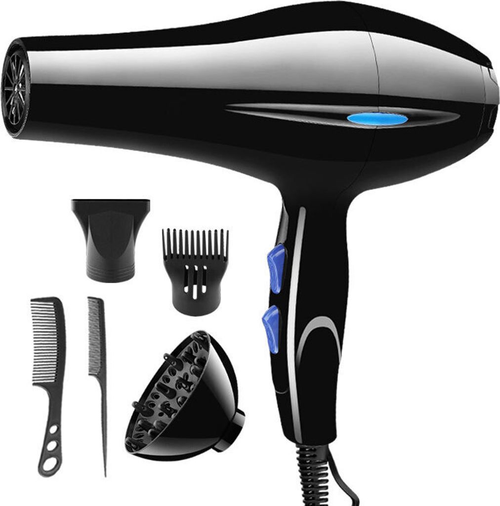Haartrockner, 2200W Professioneller Haartrockner, 3 Stufen Stylingdüse, Professioneller Haartrockner mit Stylingdüse und Diffusor, Schwarz