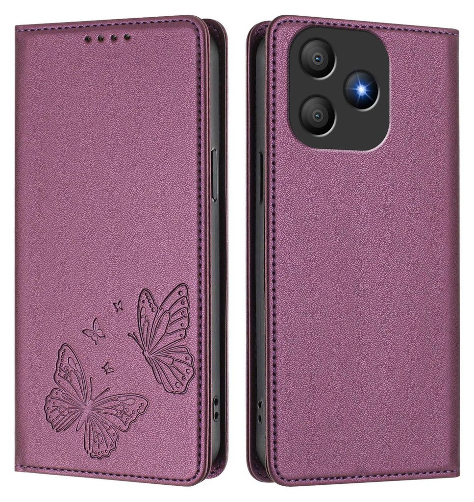 Lederhülle für Blackview Wave 9C, Schmetterling Prägung Leder Brieftasche Schutzhülle mit Ständer Lila