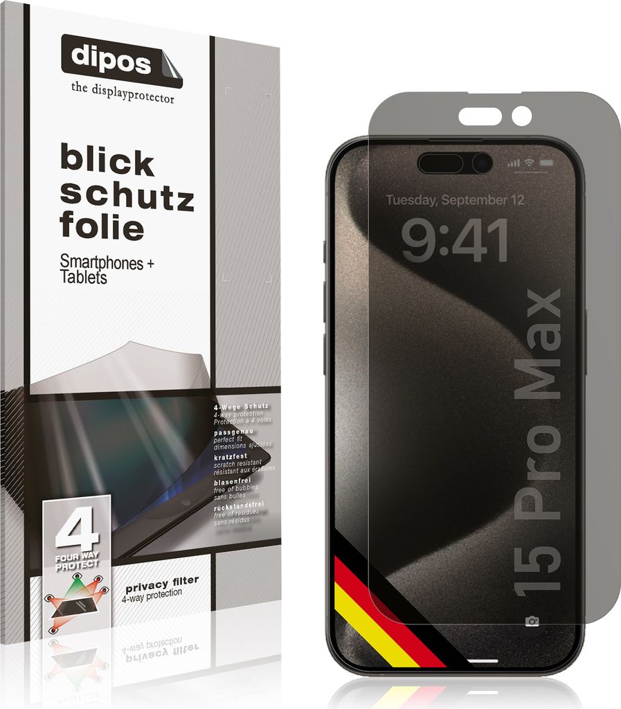 Blickschutzfolie für Apple iPhone 15 Pro Max matt Schutzfolie Folie Display Schutz dipos