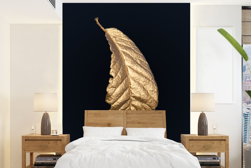 MuchoWow Fototapete für Wohnzimmer oder Schlafzimmer Wandtapete Vinyl Motivtapete Blätter - Luxus - Gold - Schwarz - Natur - 190x260 cm - Papie...