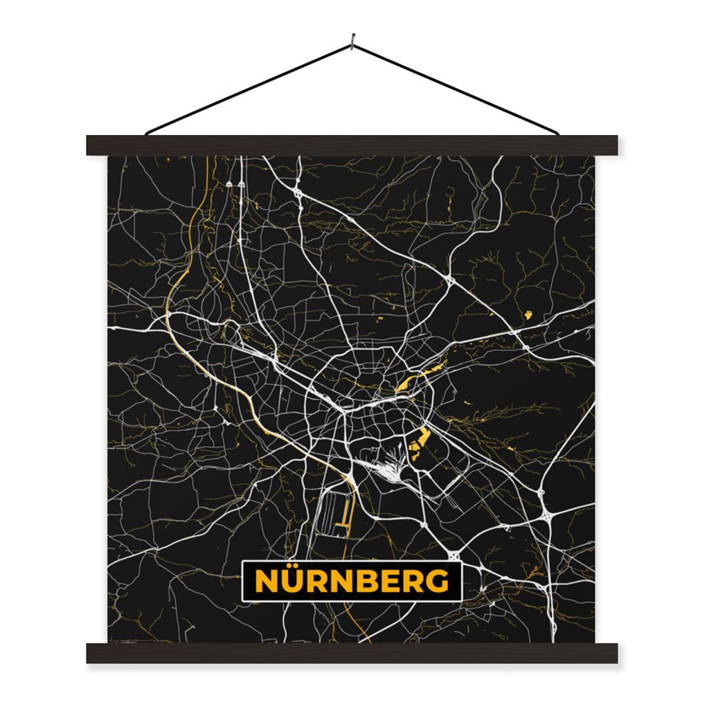 MuchoWow Textilposter Nürnberg - Stadtplan - Karte - Gold - Deutschland 40x40 cm mit schwarzem Rahmen - Fotos