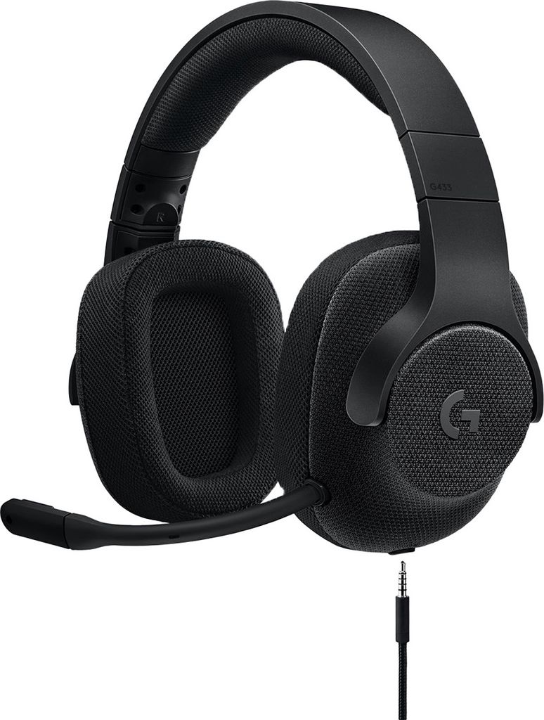 A black Logitech gaming headset with a microphone is shown against a white background.
