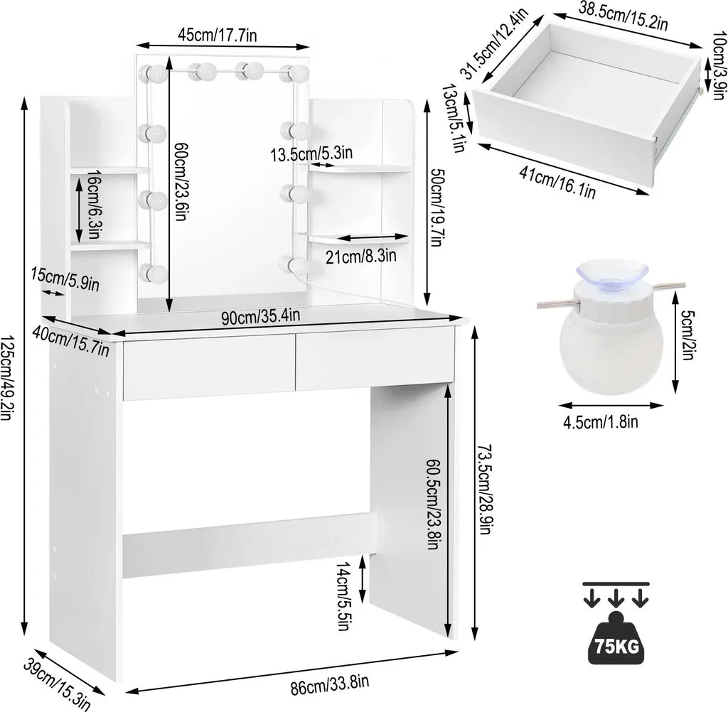 Coiffeuse Blanche Gain de Place avec Miroir LED et Rangement Multi-niveaux - 6
