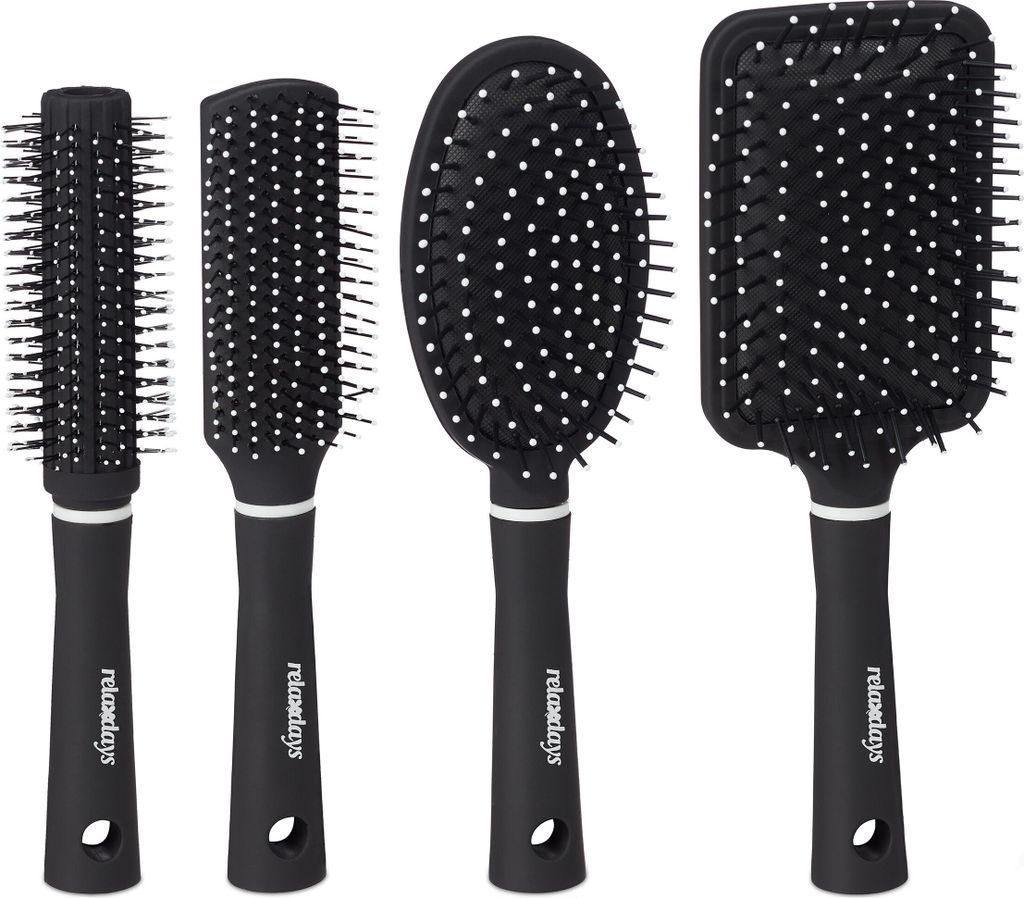Relaxdays Haarbürste im 4er Set, mit Tasche für unterwegs, Kunststoffborsten, Rundbürste, Reisehaarbürste, schwarz/weiß