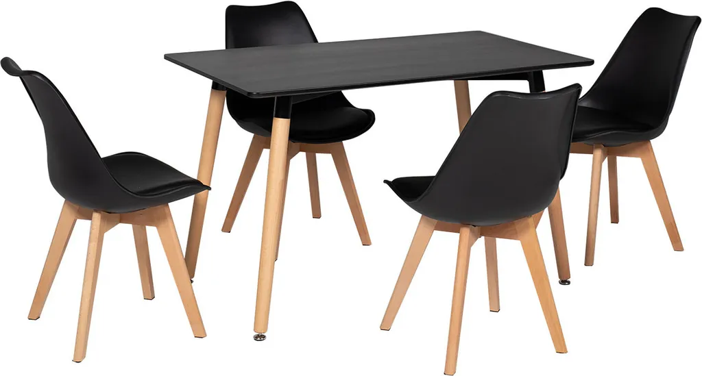 Salle à manger complète table 120cm PIA avec 4 chaises design NORA noir