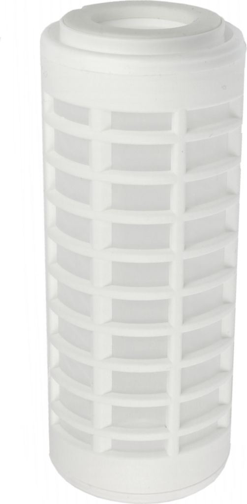 A white cylindrical water filter cartridge with a grid-like outer shell is shown against a white background.