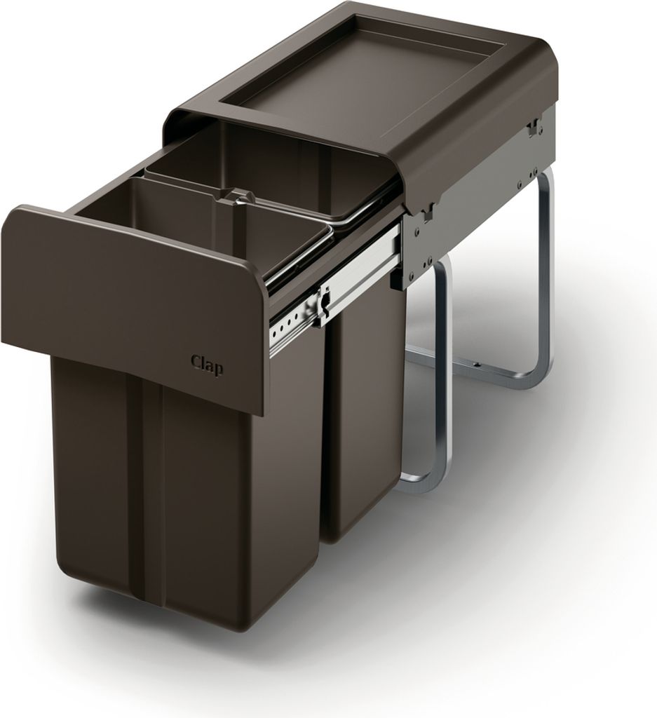 A pull-out trash bin system with two compartments, shown on a white background.