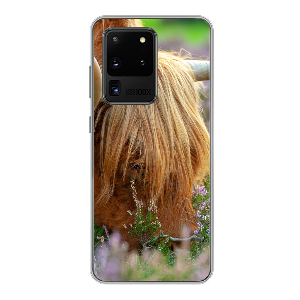 MuchoWow Handyhülle Schutzhülle Hülle für Samsung Galaxy S20 Ultra Schottischer Hochländer - Hörner - Heidekraut Silikon Softcase Handy Hü...