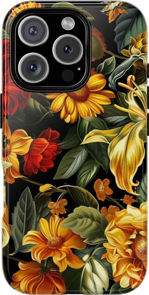 Leuchtendes Blumenmuster in Gelb und Rot – Hülle Kompatibel mit iPhone 16 Pro