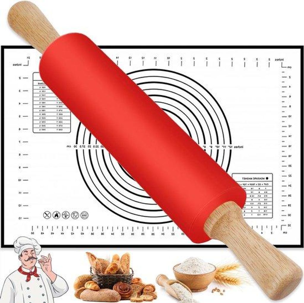 Silikon Teigroller mit Backmatte 43cm Edelstahl Antihaft