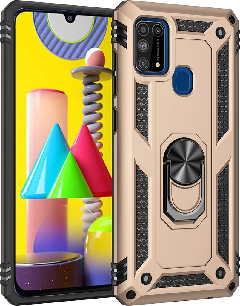 LaimTop Schutzhülle für Samsung M31, Dual Layer Robust Militäre Fallschutz Hülle mit Ringhalterung Ständer für Samsung Galaxy M31 Gold
