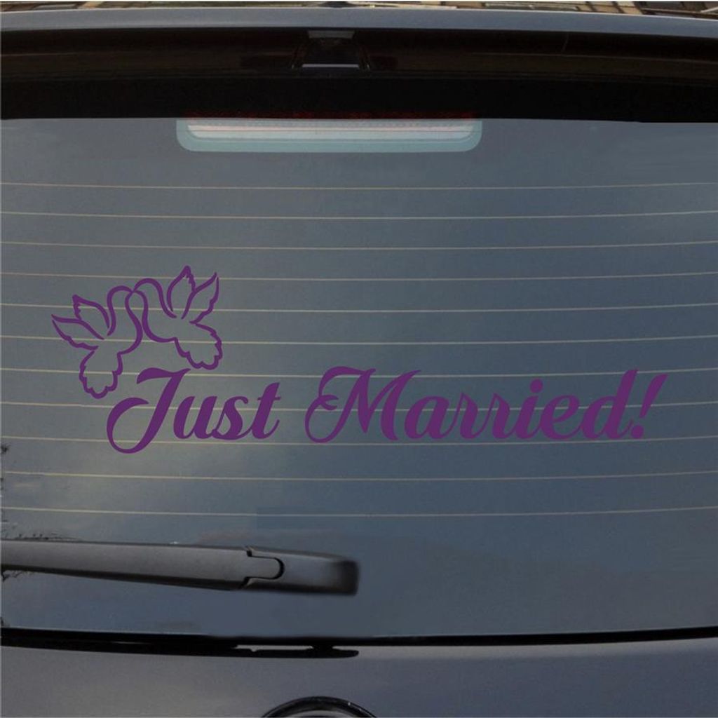 Heckscheibenaufkleber Just Married Tauben Liebe Hochzeit 55x16,5 cm Lila Auto Aufkleber Sticker