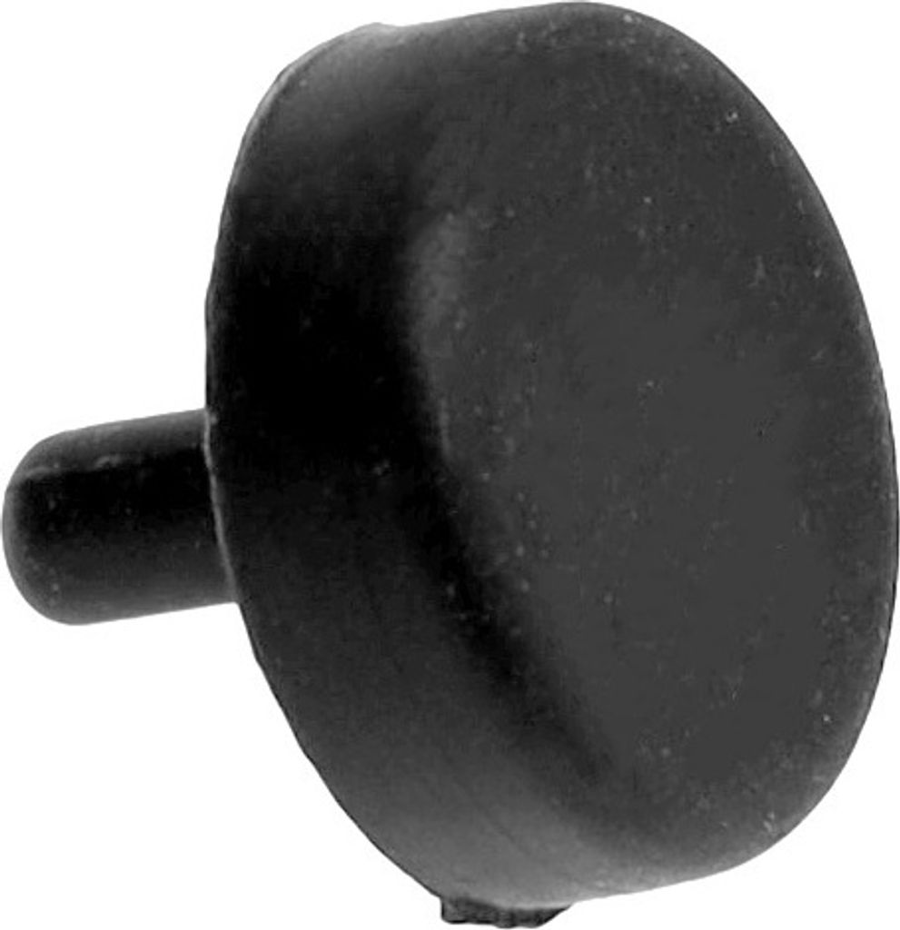 A close-up studio shot of a black rubber plug with a stem.