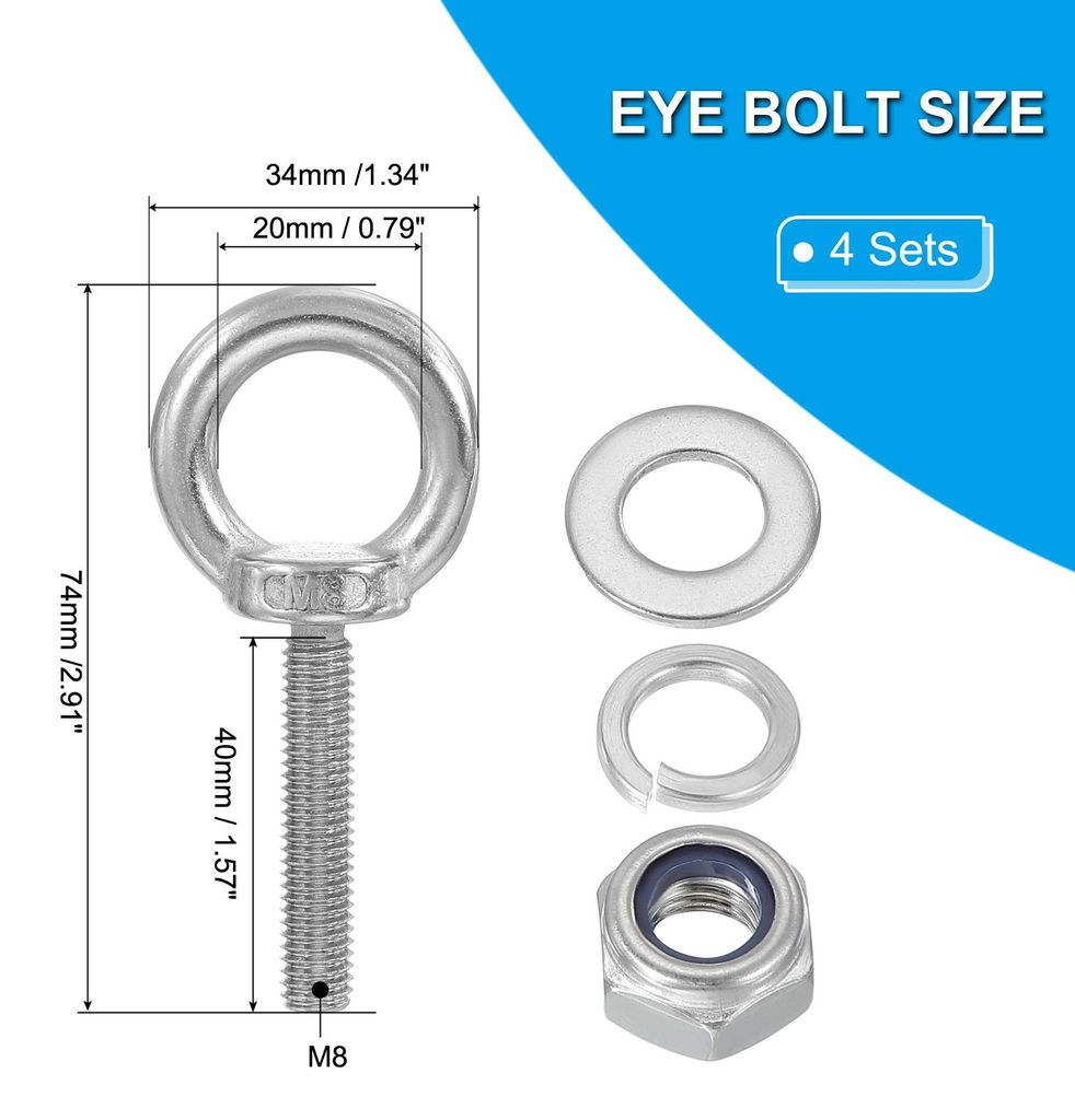 M8 x 40mm Augenschraube mit Mutter, 4er Pack 304 Edelstahl Hebeschulter Augenbolzen Lift Gewindeschrauben zum Aufh?ngen, Silber