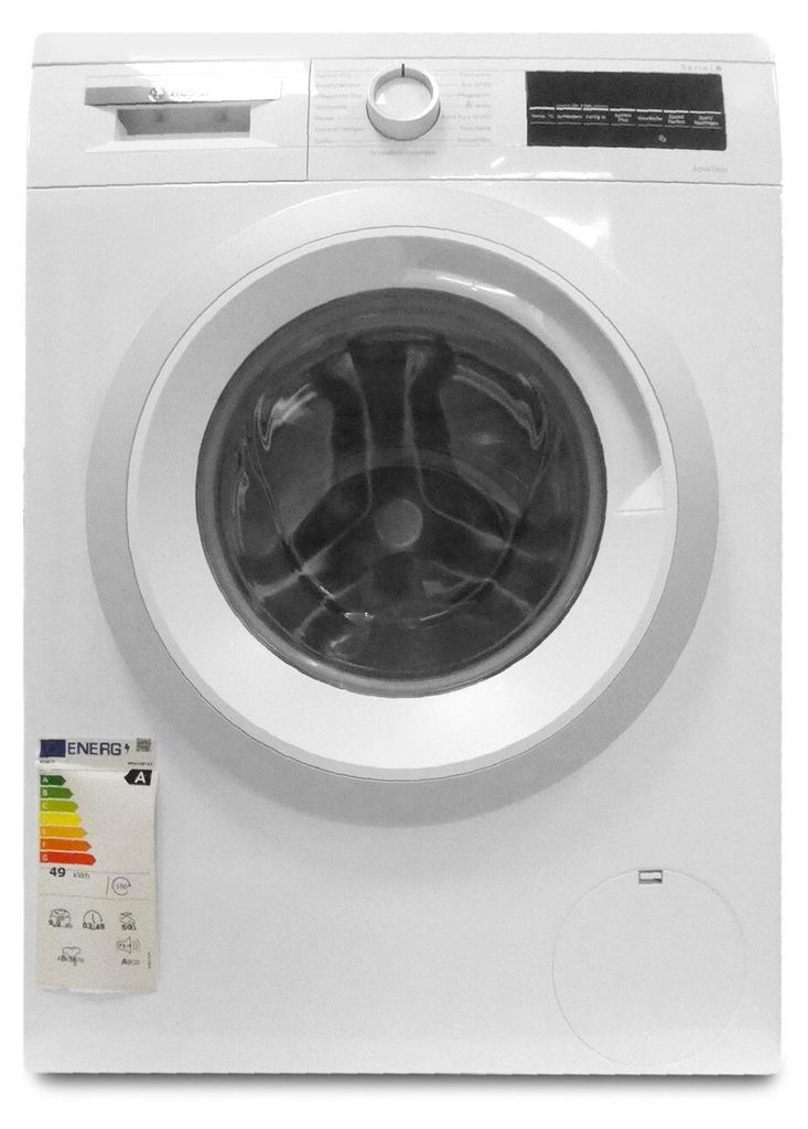 A front view of a white Bosch washing machine.