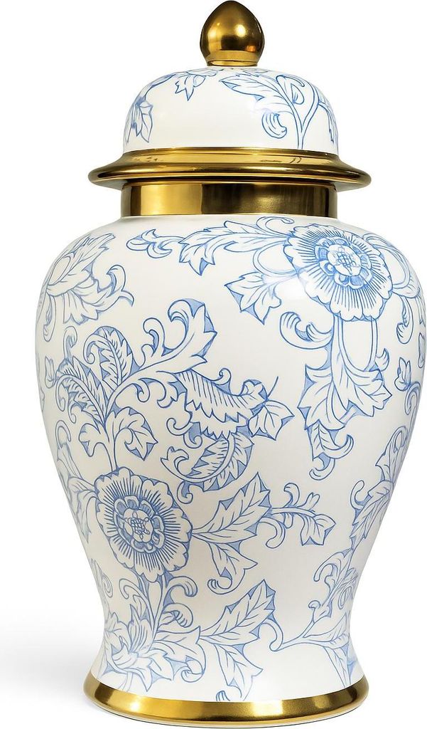Fine Asianliving Chinesischer Vase mit Deckel Porzellan Blau Weiß Gold Pfingstrosen Handgefertigt D23xH44cm Dekorative Vase Blumenvase Orientalisc...