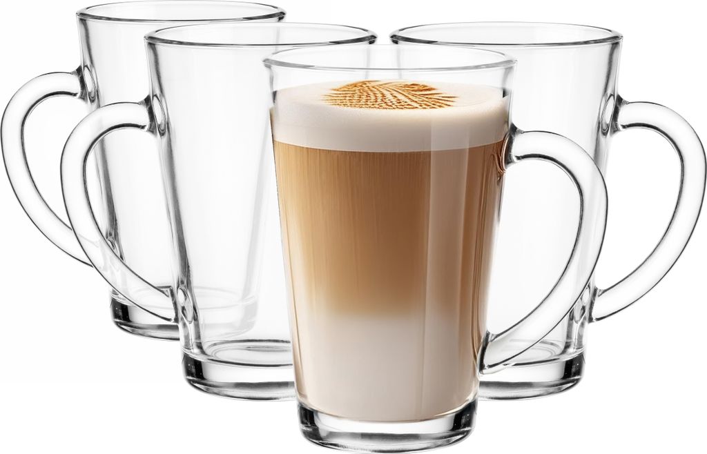 GLASMARK Glasbecher 4-Set 300 ml Große (max. 350ml) 4 Stück mit Henkel Kaffeegläser Teeglas mit Griff Cappuccino Latte Macchiato Gläser trans...