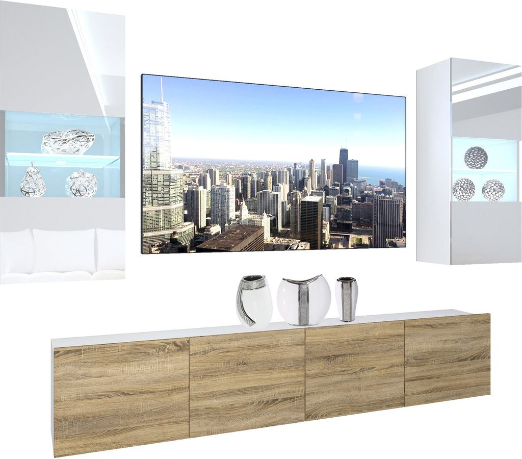BELINI Wohnwand Vollausstattung Wohnzimmer-Set Moderne Schrankwand mit LED-Beleuchtung Weiß Glänzend Anbauwand TV-Schrank Weiß / Sonoma Eiche Gl...