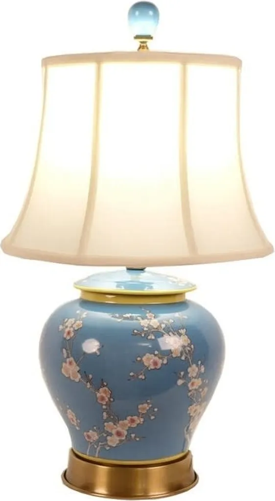 Lampe de Table Asiatique Porcelaine Bleue Motif Floral Art Nouveau