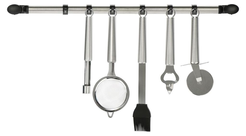 COM-FOUR 6-teiliges Küchenhelfer-Set mit Hakenleiste für die Küche, Hänge-Leiste aus rostfreiem Stahl mit beweglichen Haken, Küchenreling