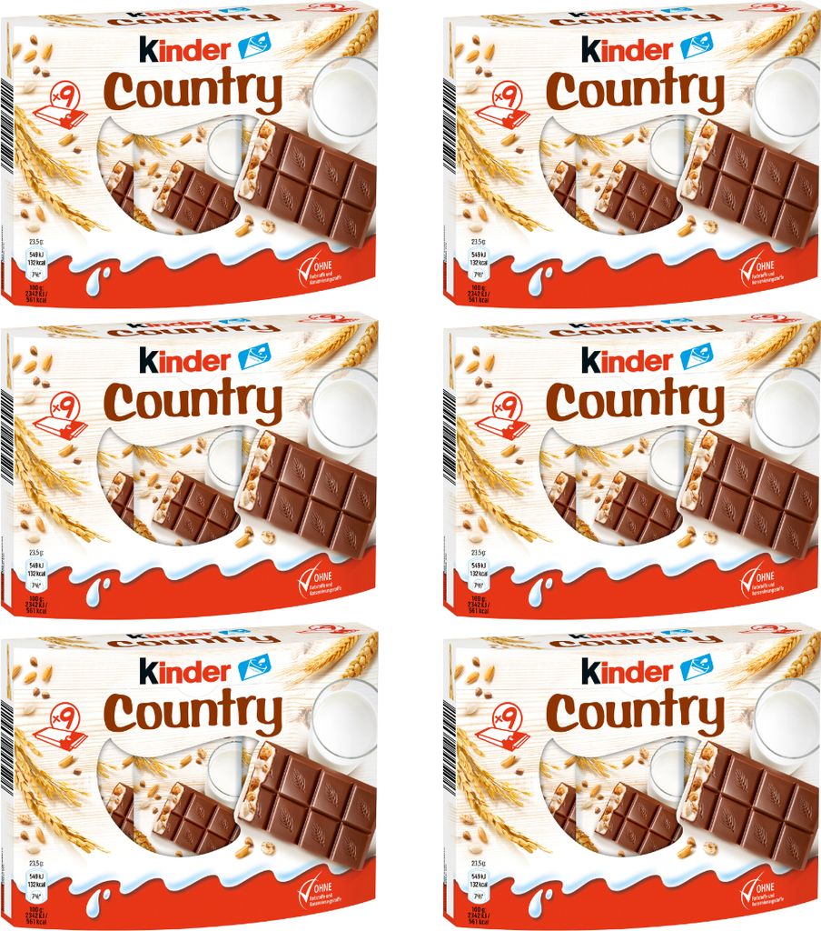 A collage of six identical boxes of Kinder Country chocolate bars.