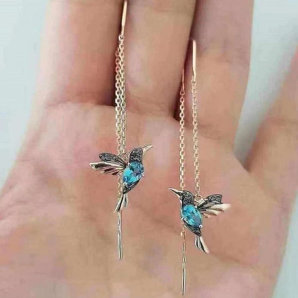 Elegante Long Birds Ohrringe in Gold und Blau - KP7185