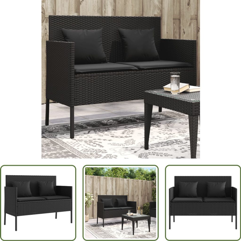 The Living Store Gartenbank mit Kissen Schwarz Poly Rattan