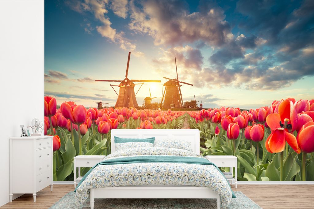 MuchoWow Fototapete für Wohnzimmer oder Schlafzimmer Wandtapete Vinyl Motivtapete Windmühle - Blumen - Sonne - 450x300 cm - Gemusterte