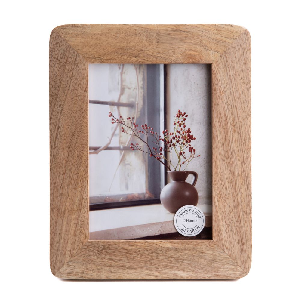 A wooden photo frame with a picture inside, placed on a white background.