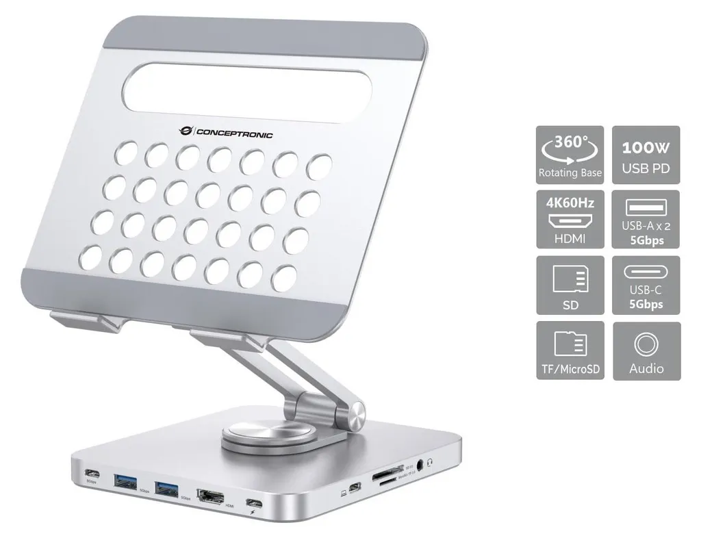 Support Tablette avec Hub USB-C 8-en-1 en Aluminium Argent Élégant