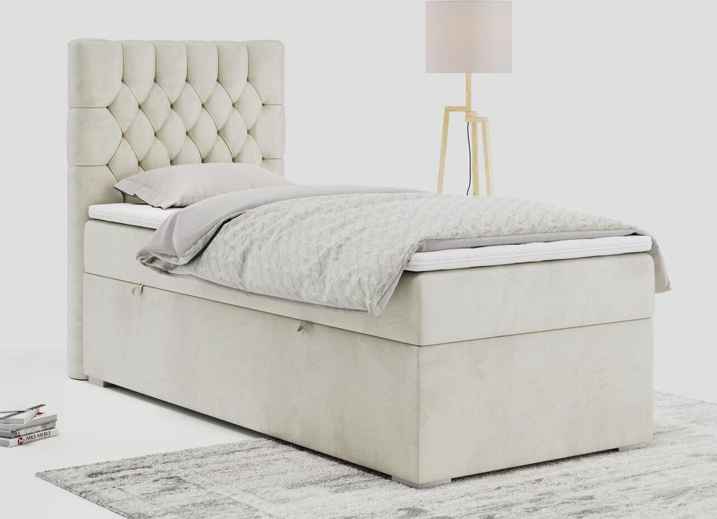 Einzelbett - Boxspringbett 90x200 mit Bettkasten und Matratzentopper - PERA 90 - links - Beige - H3