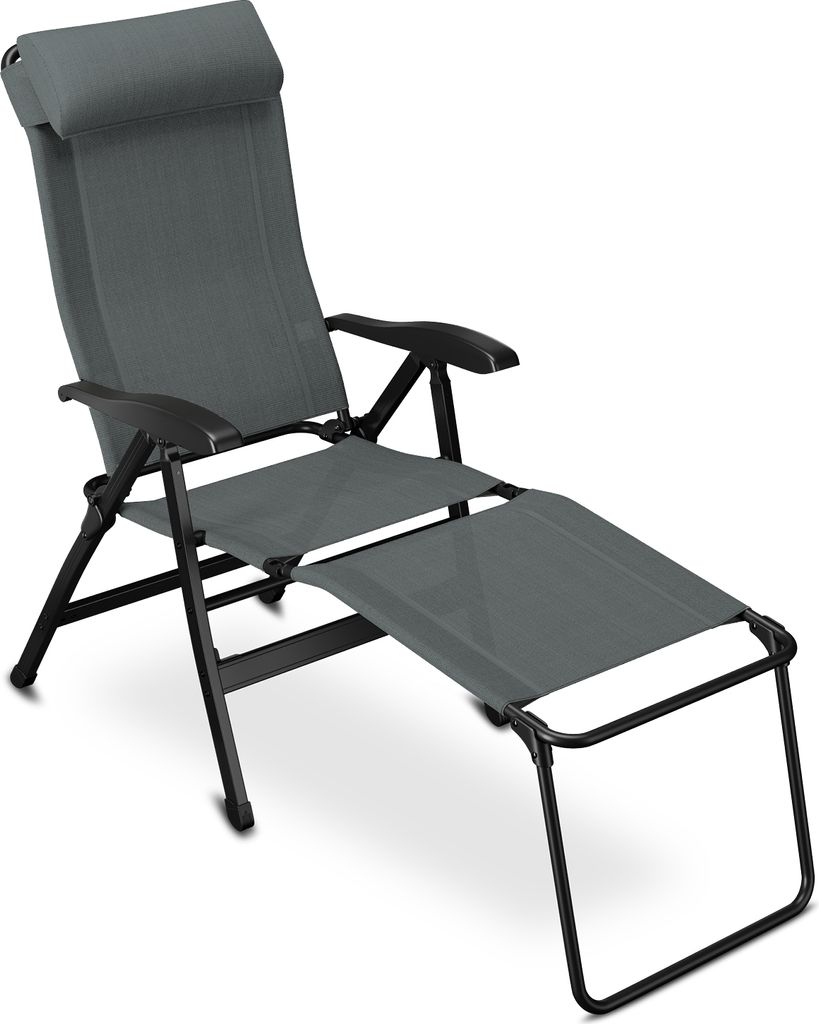 A gray camping chair with a detachable footrest is shown against a white background.