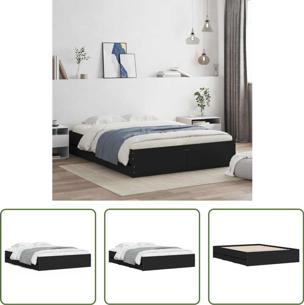 The Living Store Bettgestell mit Schubladen Schwarz 150x200 cm Holzwerkstoff