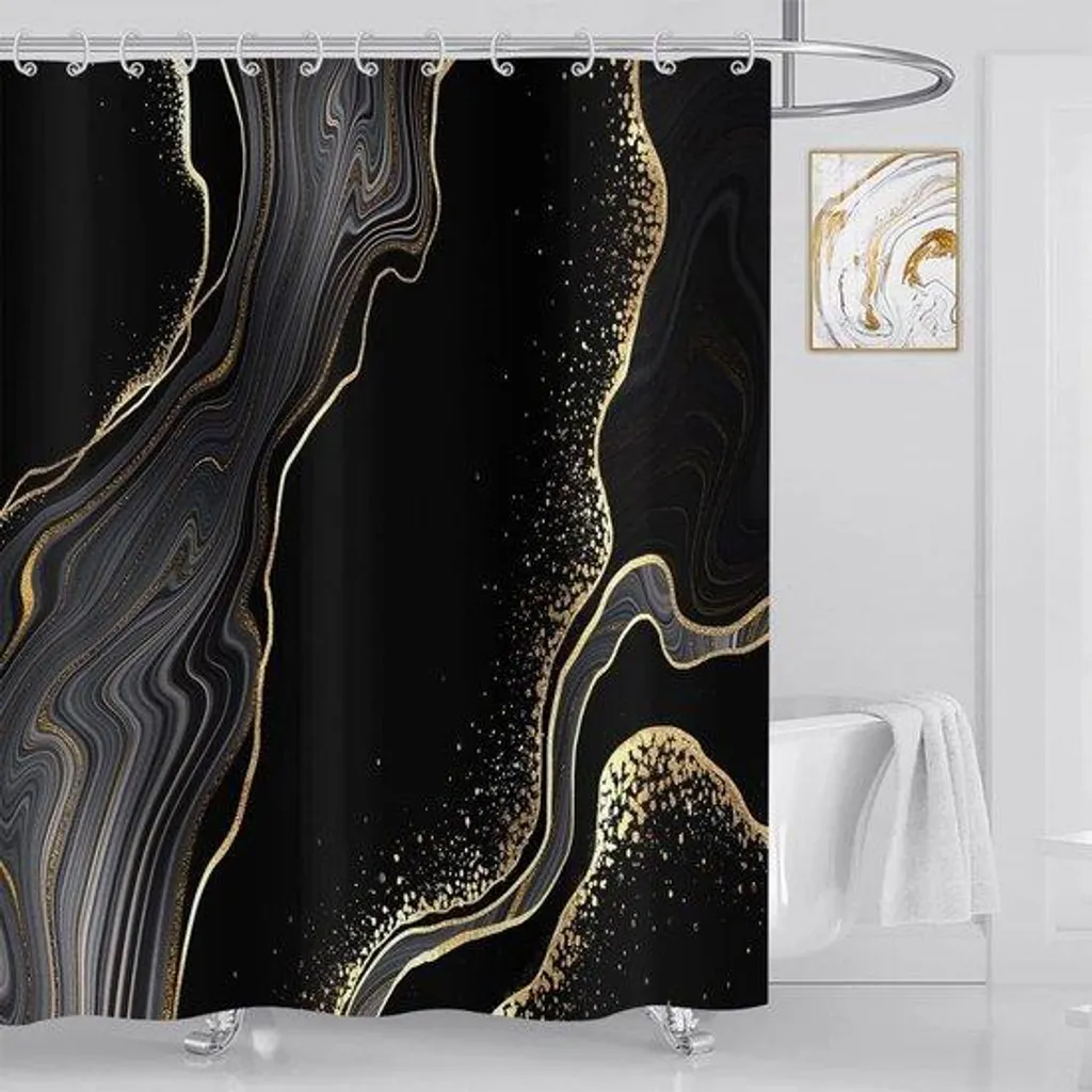 Rideau de douche pour salle de bains noir et doré 180x200 cm anti-moisissure