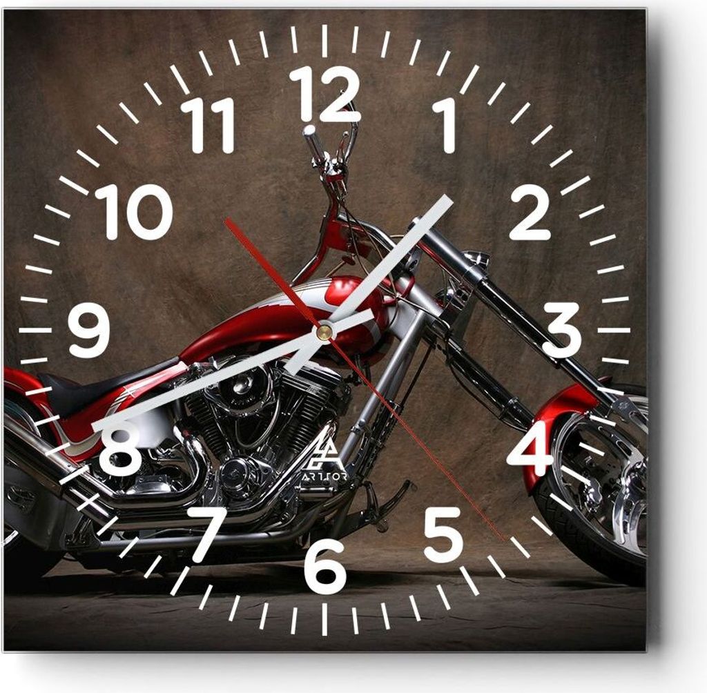 Wanduhr - Quadrat - Glasuhr - Motorrad Chrom Räder - 40x40cm - Schleichendes Uhrwerk - Lautlos - zum Aufhängen bereit - Dekoration Modern - Wandd...