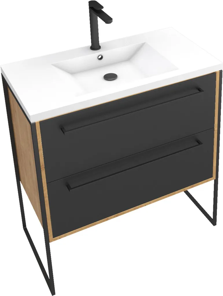 Meuble de salle de bain 80x50cm avec vasque blanche et 2 tiroirs noir mat